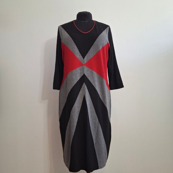 Bold Colorblock Midi Knit Bodycon Sheath Dress Size 2XL ¾ Sleeves Scoop Neck - Picture 9 of 11